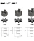 Product size comparison for Efficient L075 3 piece L-Jaw coupling set with 5/8 inch bore and 3/16 inch keyway.