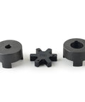 Efficient torque transfer and vibration dampening with the L090 3-Piece L-Jaw Coupling Set, featuring Buna N rubber insert, HT250 steel halves
