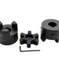 L Jaw Flexible Coupling 1 Inch Bore Three Piece With Rubber Spider for log splitters, HT250 cast iron, corrosion-resistant black finish