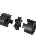 Three-piece XIKE L-jaw flexible coupling set with rubber spider; black hubs and center piece.
