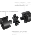 Exploded view of XIKE 1/2-7/8 in L075 flexible 3-piece L-jaw coupling set with rubber spider; black metal hubs