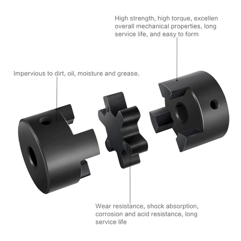 Exploded view of XIKE 1/2-7/8 in L075 flexible 3-piece L-jaw coupling set with rubber spider; black metal hubs