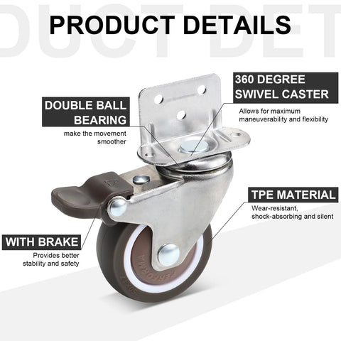Close-up view of 8 Pack 2 Inch L Shape Caster Wheels With Brakes And Without Brakes, Side Mount Furniture Casters, with labeling of features.