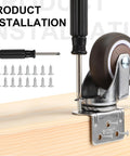 8 Pack 2 Inch L Shape Caster Wheels With Brakes And Without Brakes, shown installed on wood, with included screwdriver and screws.