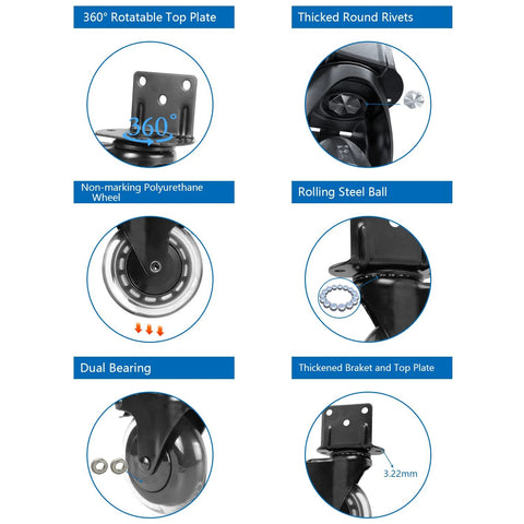 3 Inch L Shaped Plate Casters, 4 Pack Side Mount Lockable Furniture Caster Wheels With Non Marking Polyurethane, product features close-up