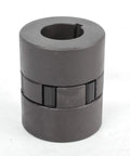Flexible 3 piece L075 L-Jaw coupling set with Buna NBR spider shown in a vertical view, HT250 steel construction.