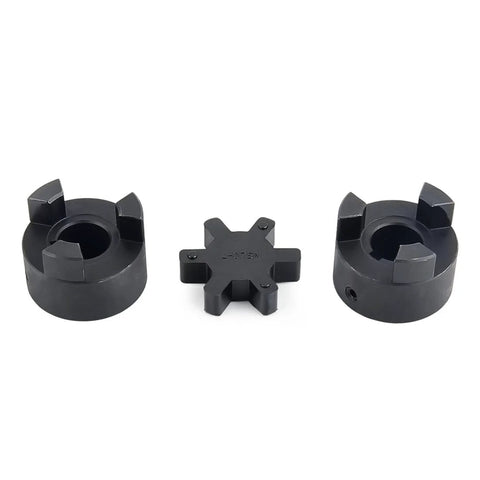 Three Piece L075 L-Jaw Coupling for Three Quarter Inch Shafts with HT250 steel and Buna-N NBR spider, front view of components