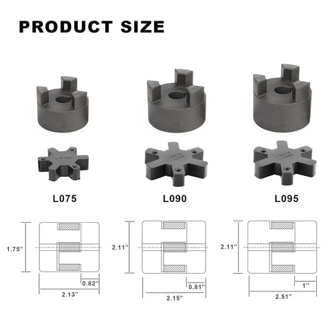 Three-piece L-jaw coupling set (L075, L090, L095) with Buna-N rubber spider for hydraulic equipment