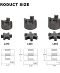 Flexible 3 piece L075 L-Jaw coupling set with Buna NBR spider, HT250 steel, product size comparison for motion control systems.