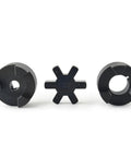 Efficient torque transfer and vibration dampening with the L090 3-Piece L-Jaw Coupling Set, featuring Buna N rubber insert, HT250 steel halves.