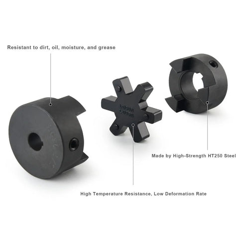 Efficient torque transfer and vibration dampening with the L090 3-Piece L-Jaw Coupling Set, featuring HT250 steel and Buna N insert.