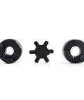 Front view of 3-piece L-jaw coupling set with Buna-N rubber spider and black hubs for 5/8 to 1 in shafts