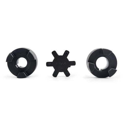 Front view of 3-piece L-jaw coupling set with Buna-N rubber spider and black hubs for 5/8 to 1 in shafts