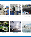 Collage of various applications including experimental monitoring, research, inkjet printing, aquarium, smart home, and aviation operation.