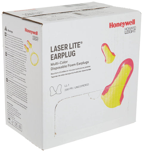 Box of Laser Lite High Visibility Disposable Foam Earplugs Pink And Yellow 200 Pairs NRR 32 Self Adjusting for industrial use.