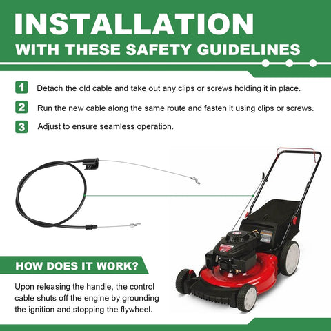 Installation guide for Heavy Duty Control Cable 946-1130 Direct Replacement for Riding Lawn Mowers with image of cable and mower.