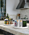 Four Pack Lazy Susan Spice Organizer Rotating Tray Set on kitchen counter with cans and spices, two 10-inch and two 12-inch trays shown.