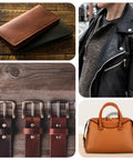 Leather crafts including wallets, belts, jackets, and handbags featuring 4mm Ball Head Button Rivets With Screw Back for durable fastening.