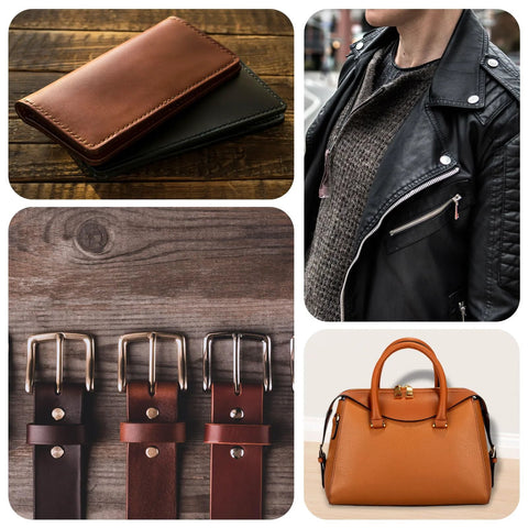 Leather jackets, wallets, belts, and handbags showcasing uses for 4mm Ball Head Stud Rivets Set With Screw Back in leather crafts.