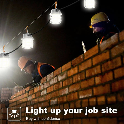 Beefed Up 100ft LED Construction String Lights for Job Sites, Linkable and Hook Ready, 15000 Lumens of Daylight 5000K, Total 150W, Heavy Duty Outdoor Industrial Work Lighting for Quick Setup NS illuminating a construction site at night.