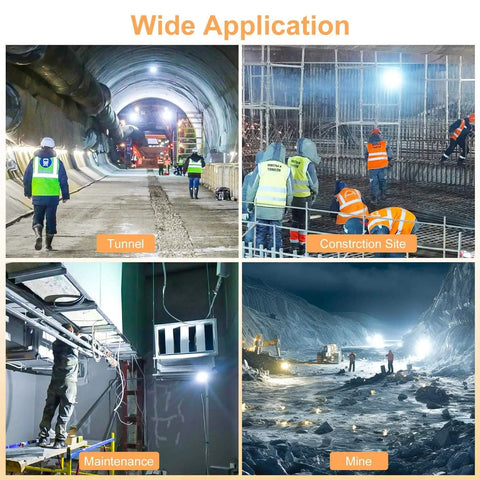LED Temporary Work Light used in tunnel, construction site, maintenance, and mine, showcasing wide application and linkable design.