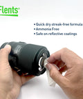 Flents lens wipes front view packaging with logo; hands using wipe to clean camera lens.