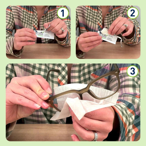 Front view of hands opening a pre-moistened Flents Lens Wipes Basic sachet.
Side view of hands pulling a wipe from a Flents Lens Wipes Basic packet.
Close-up of brown eyeglasses being wiped with a lens wipe.