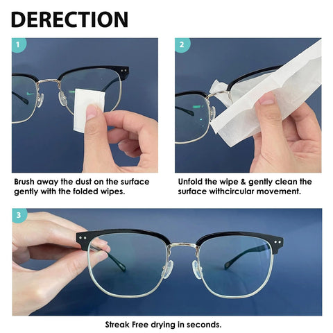 Instructions for using Pre-Moistened Lens Wipes For Eyeglasses Individually Wrapped Streak Free, showing cleaning steps.