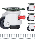 Heavy Duty Leveling Casters With 360 Degree Swivel And Upgraded Handle, Height Adjustable For Work Benches Machines Equipment And Shelves, Total Capacity 2200 Lbs Per Set, 4 Pack Bundle shown with installation hardware.