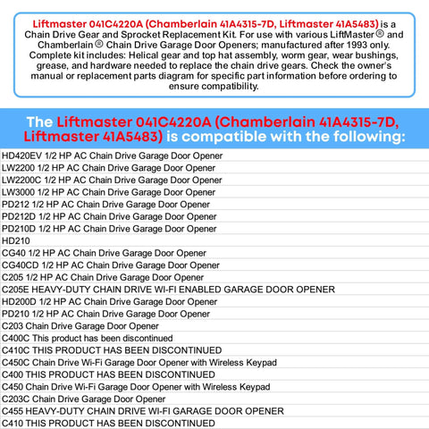 Gear Sprocket Replacement Compatible With LiftMaster 41A5483 2245 3265 3255 1256LM 1345M And Chamberlain product list details