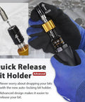 Image of Limited Torque Screwdriver 10-90 in-lbs with 1/4 Inch Universal Hex Bit Holder Quick Release Design, held by a gloved hand.