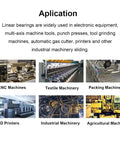 HiPicco LMK10LUU 10mm square flange linear bearings – application collage showing CNC, textile, packing, and 3D printers.