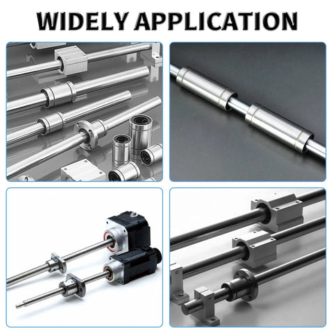 LM12UU linear ball bearings, 4-pack, 12mm bore, double seals; multi-view collage with rails and mounts.