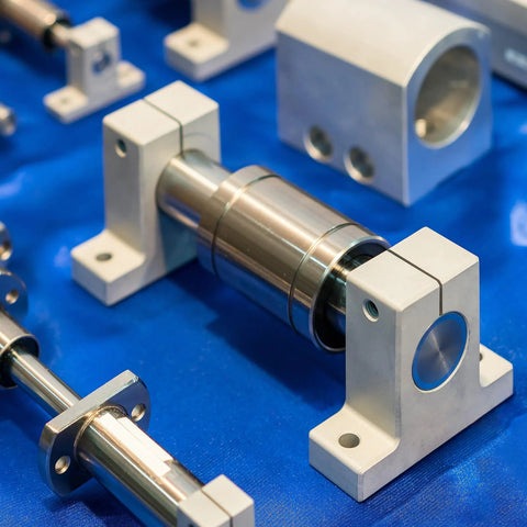 Front view of six LM3UU linear ball bearings with 3mm bore, mounted in white aluminum blocks on a blue surface