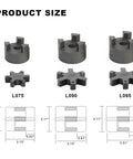 Product sizes for Durable L-Jaw 3/4 to 1 Inch Coupling Set with Buna N Rubber Spider for heavy machinery torque transfer