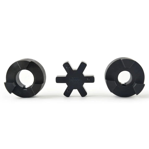 Durable L-Jaw 3/4 to 1 Inch Coupling Set with Buna N Rubber Spider, HT250 steel, 3-piece design for log splitters and heavy machinery.