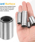 Person holding Sealed LM4UU 4x8x12 mm linear ball bearings in a 4-pack with rubber seals for dust protection and smooth motion.