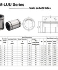 HiPicco LM-LUU 8mm bore linear ball bearings, rubber-sealed, 4-pack; front and side views with dimension diagram.