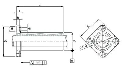 Technical diagram of LMEK8LUU 8mm Square Flanged Bushing Linear Motion Bearing with dimensions and specifications.