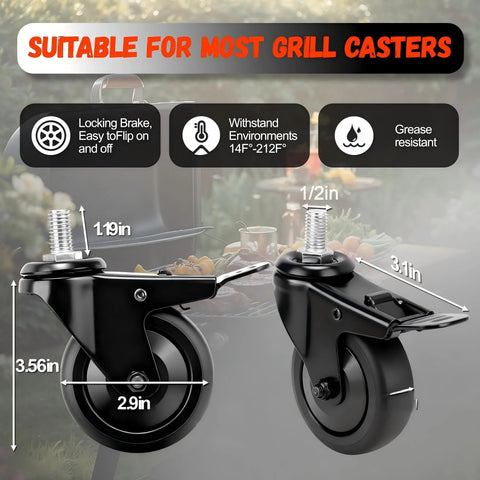 2-Pack 3-Inch Locking Caster Wheels Replacement For Pellet Grills Pro Series 1100 1600 II 850 Navigator Austin XL 820