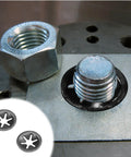 Close-up of Star Locking Tooth Washers Kit 50Pcs 5 Sizes M2 To M5 For Quick Fasteners set between nut and bolt on metallic surface.