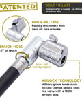 Close-up of Lightning L2X Quick Connect Locking Tire Inflator Air Chuck Extension with 90° adapter and hose, aluminum finish