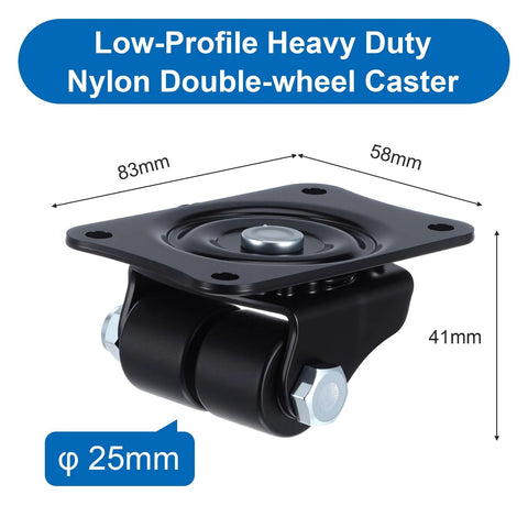 Side view of a 4 Pack 1 Inch Caster Wheels Heavy Duty Low Profile Plate Swivel Casters With Double Nylon Wheels 1100 Lb Load Capacity.