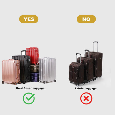 Comparison of hard shell luggage with a green check and fabric luggage with a red cross, showcasing luggage type suitability.