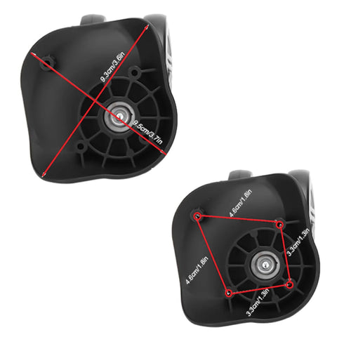 2 Pcs Replacement Luggage Wheels For Most Suitcases Durable Plastic 360 Degree Spinner Wheels With Smooth Quiet Rotation Ideal For Quick DIY Repair And Refitting Travel Luggage With Universal Fit And Four Hole Mounting Alignment, view of wheel mount holes and alignment measurements