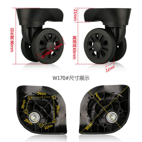 Silent Connected Spinner Wheels For Luggage Replacement, Durable Plastic Wheel Set details and dimensions, four-piece kit.