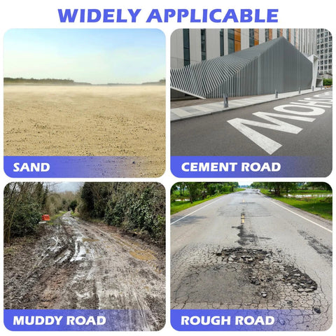 Four images showing different road types: sand, cement, muddy, and rough road surfaces with 'Widely Applicable' text.