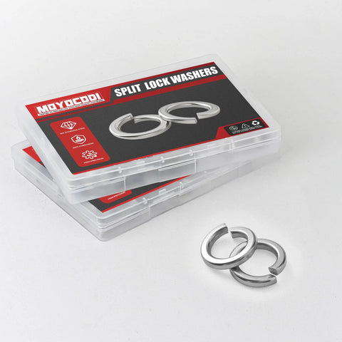 M10 split lock washers, 50-pack, 304 stainless steel; front view showing two washers outside case.