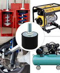 Reduce vibration and noise while protecting your equipment with a four pack of 40x30mm M10 rubber isolator mounts, ideal for air compressors, garage motors, and diesel engines, includes bolts and locking nuts for easy installation, shown with machinery examples.