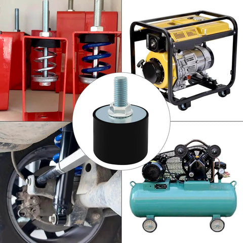 Reduce vibration and noise while protecting your equipment with a four pack of 40x30mm M10 rubber isolator mounts, ideal for air compressors, garage motors, and diesel engines, includes bolts and locking nuts for easy installation, shown with machinery examples.